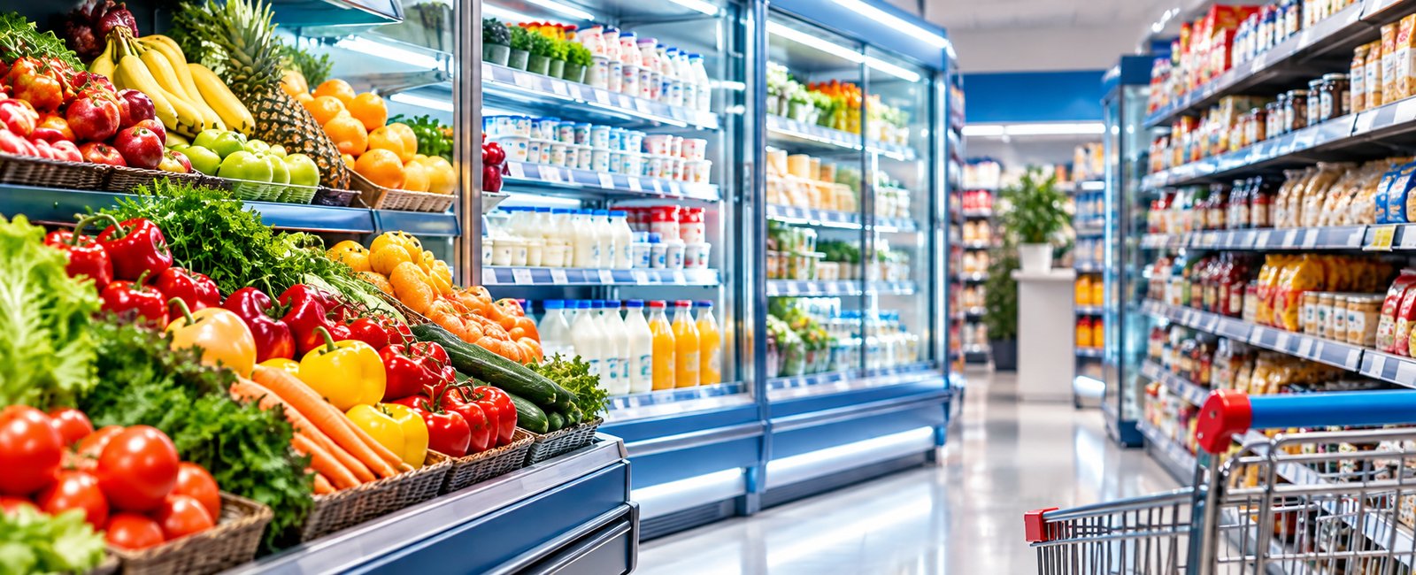 Rayons de supermarché avec fruits, légumes et produits frais